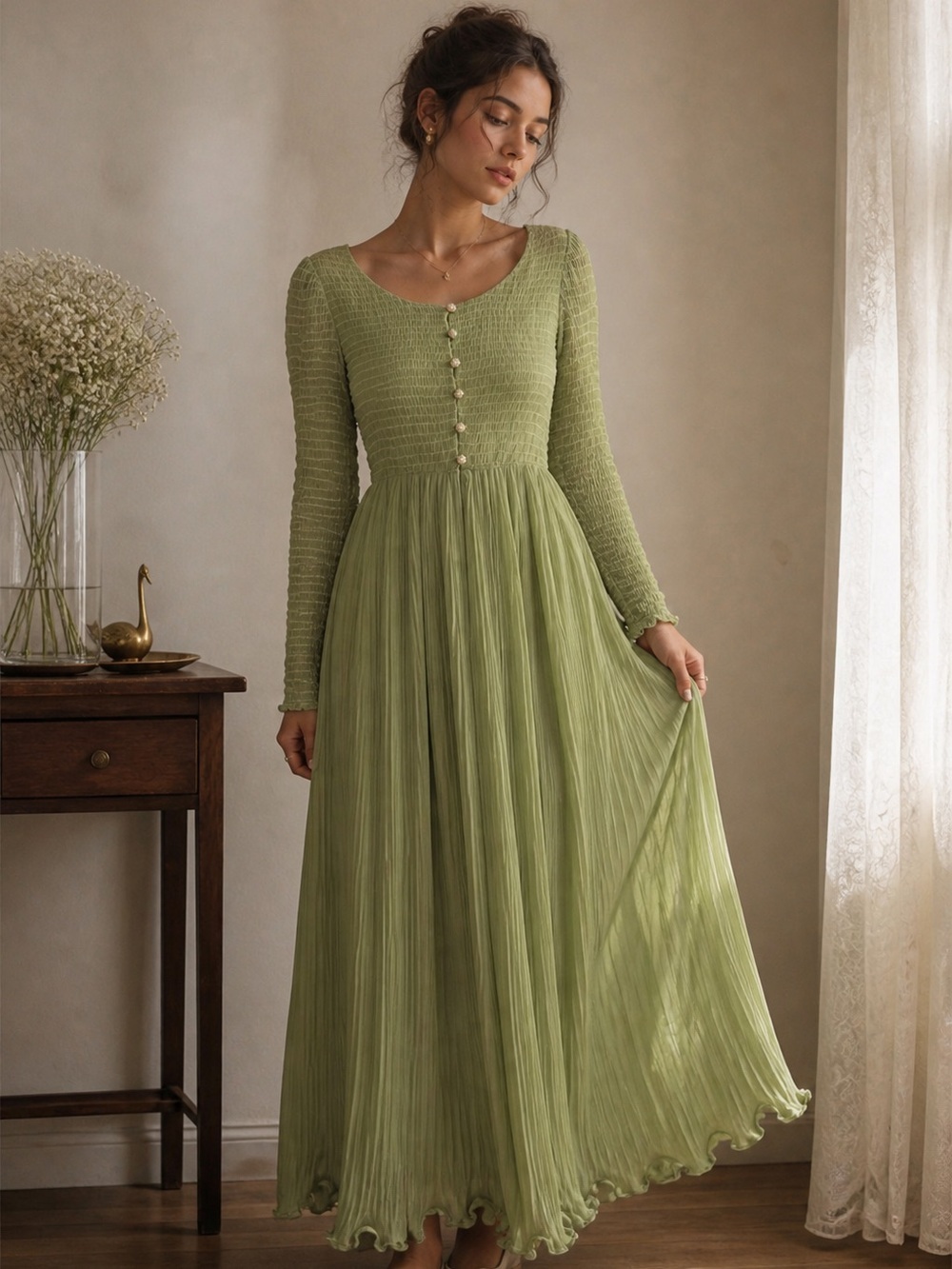 Vintage Anthony Muto Sage Green Smocked Prairie Maxi Dress Cottagecore Small